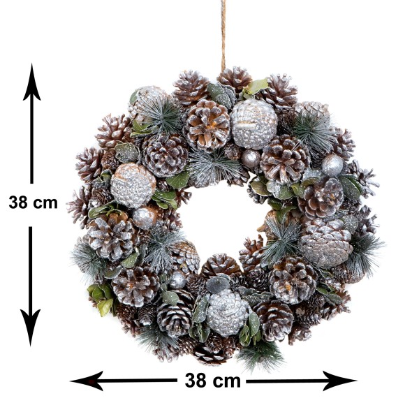 GreenBrokers Christmas Wreath 38cm Silver Pine Cones Fir Sprigs & Baubles D1231