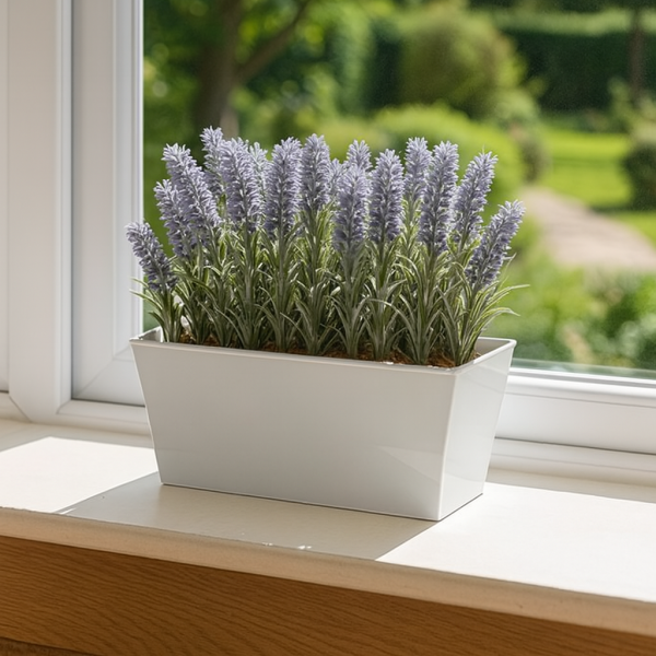 Artificial Lavender Tin White Planter Window Box 30cm/12in - A1027