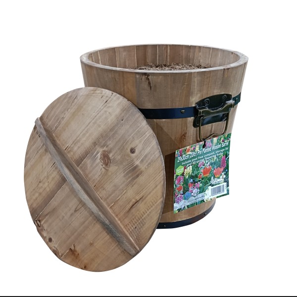 Pre-Planted Wooden Barrel Planter | 30 Red & Yellow Spring Flowering Bulbs | Just Add Water | 29x30cm | Peat-Free Compost | Bee-Friendly Mix - GB1348