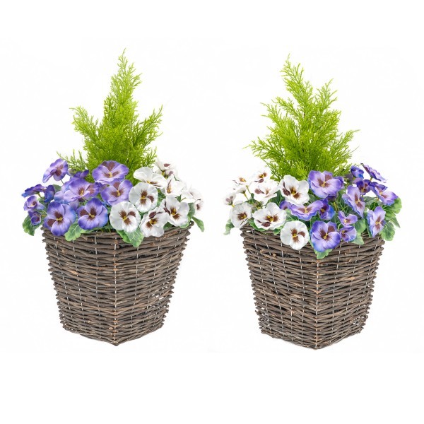 Artificial Purple & White Pansy Rattan Patio Planter 60cm/24in (Set of 2) - A1016
